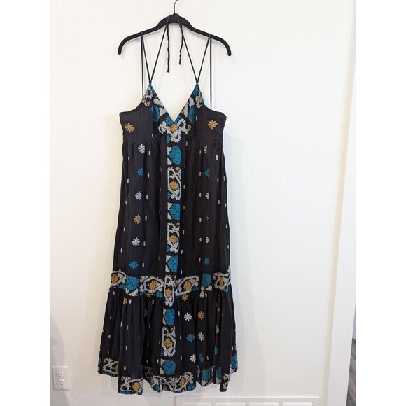 Free People Stiched with Love Maxi Dress Womens Size 8 Black Boho Tribal Flowy - Picture 4 of 14